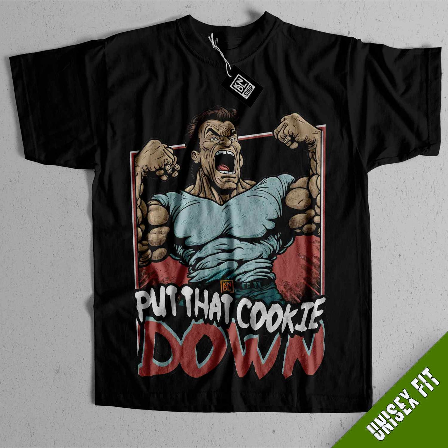 a black t - shirt with a picture of a man holding a hammer