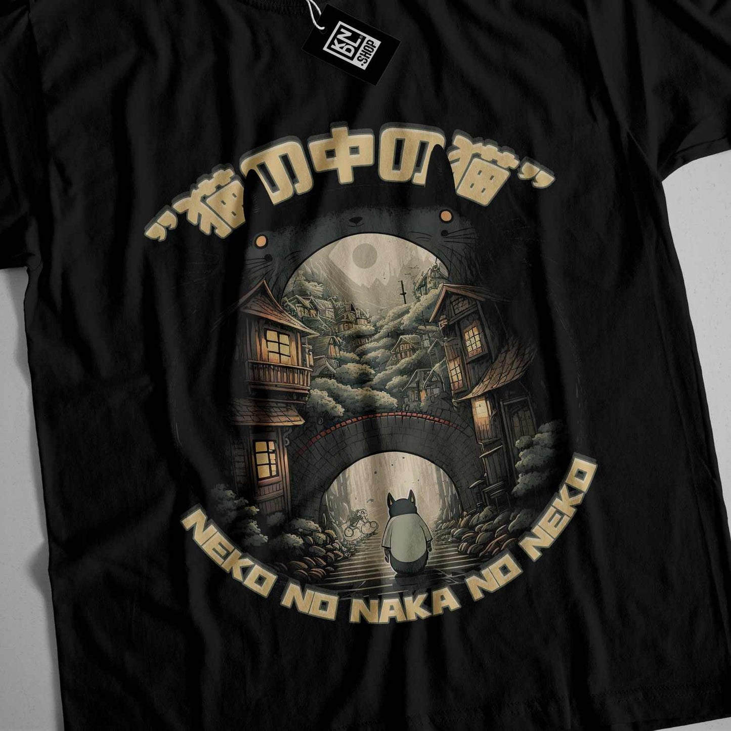 a black t - shirt with a picture of a cat on it