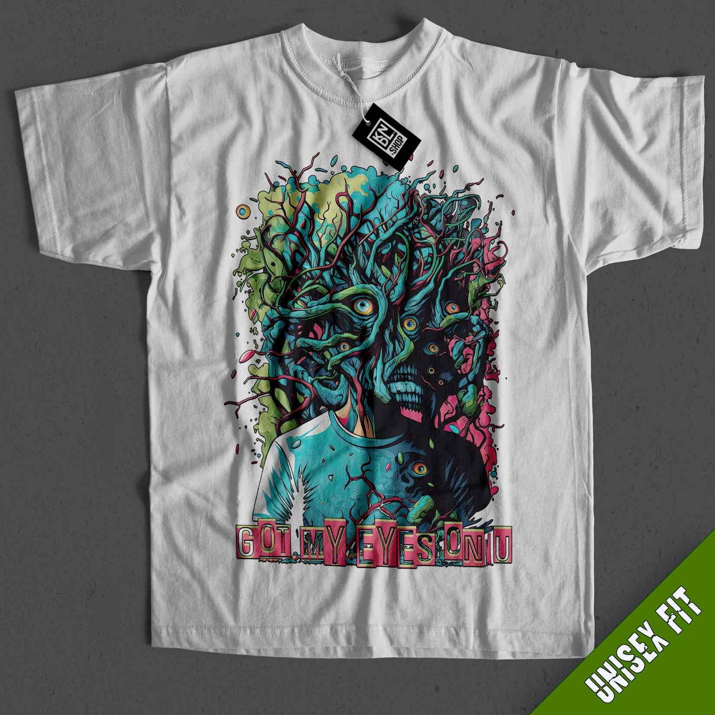 a white t - shirt with an image of a zombie on it