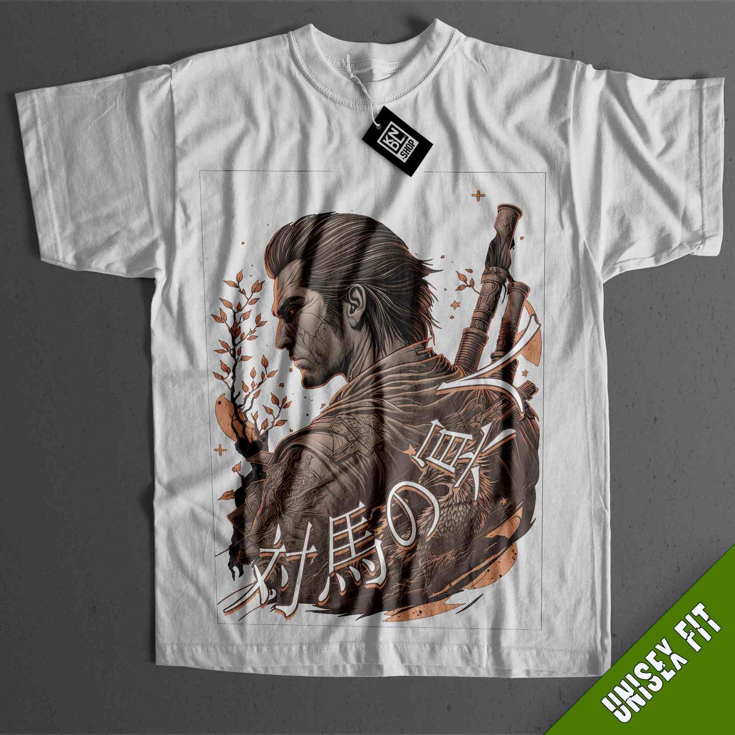 a white t - shirt with a picture of a man holding a sword