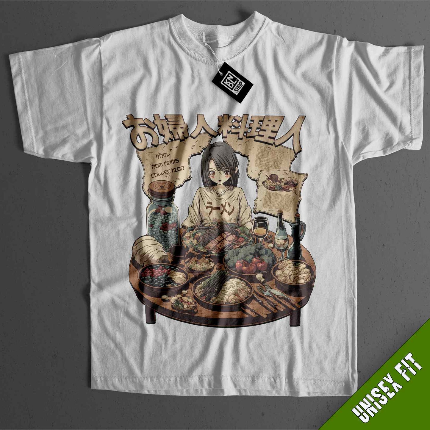a t - shirt with a picture of a woman eating food