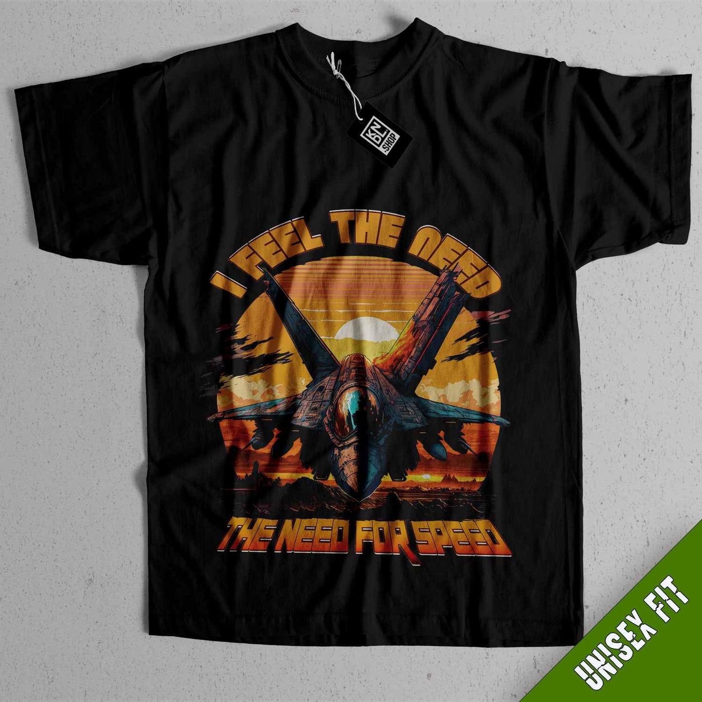 a black t - shirt with an image of a fighter jet