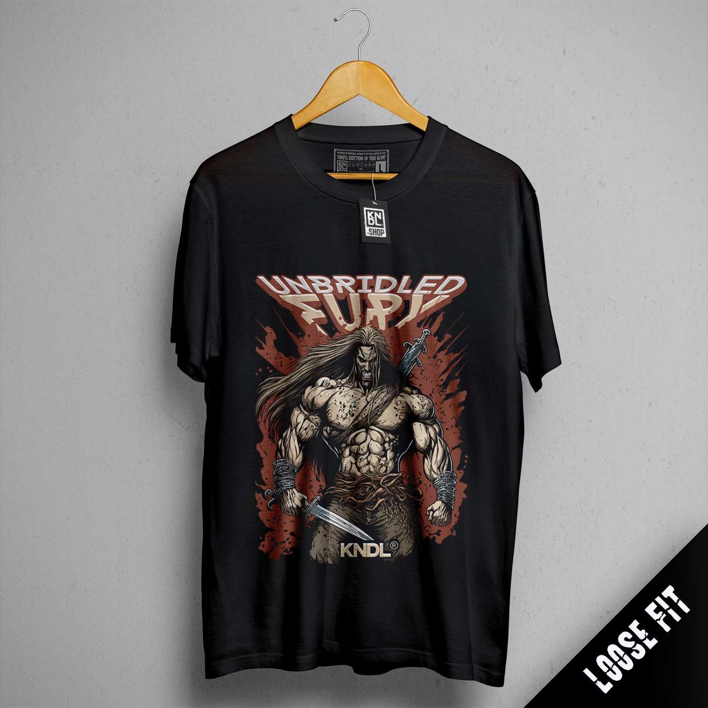 a black shirt with a picture of a man holding a sword