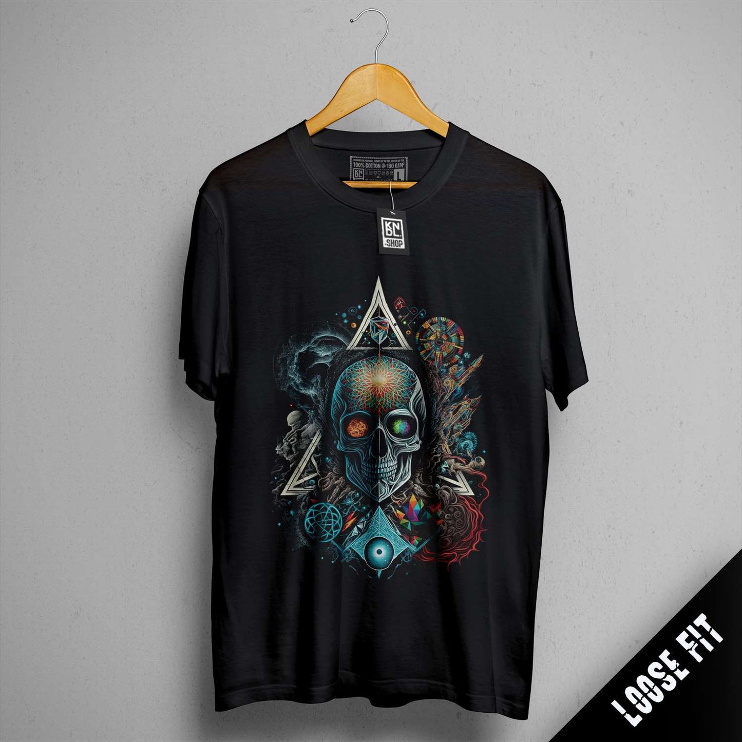 a t - shirt with a skull and a triangle on it