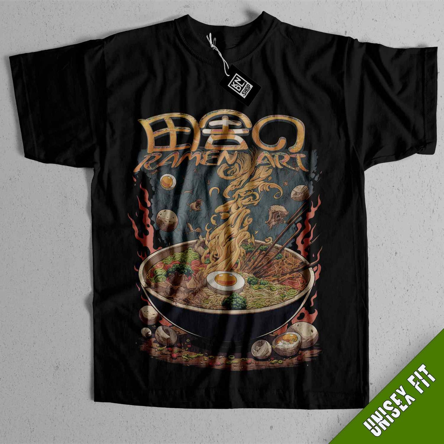 a black shirt with a picture of a bowl of noodles