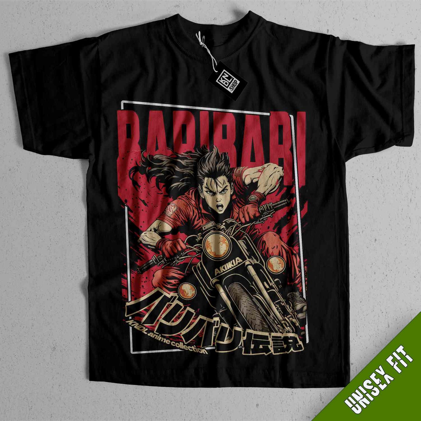 a black shirt with an image of a man riding a motorcycle