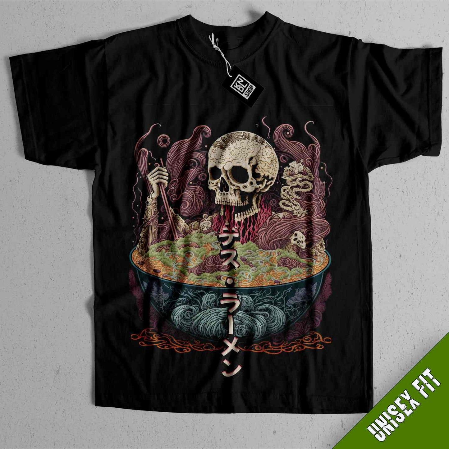 a black t - shirt with a skeleton in a bathtub