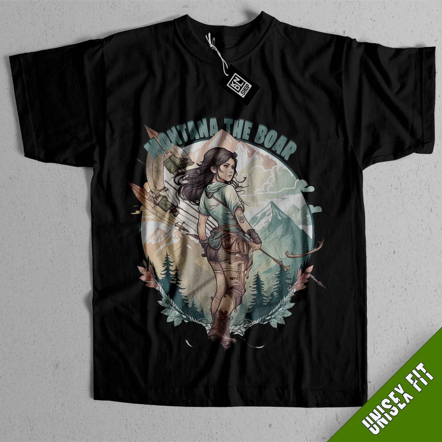 a black t - shirt with an image of a woman holding a rifle