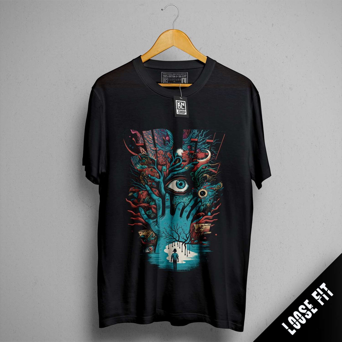 a black t - shirt with a picture of a hand holding an eye