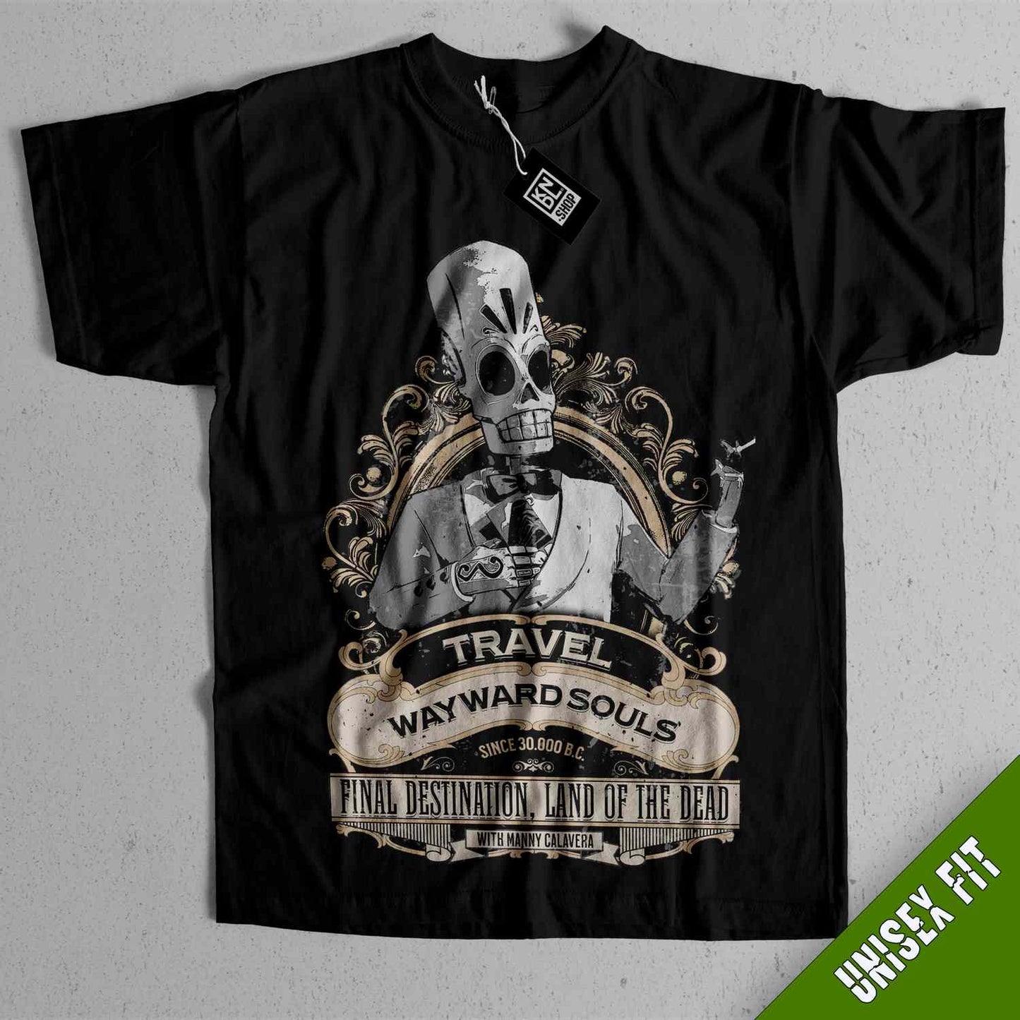 a black t - shirt with a picture of a skeleton on it