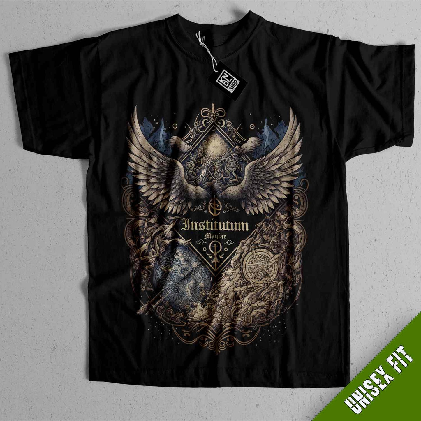 a black t - shirt with an image of a bird and a cross on it