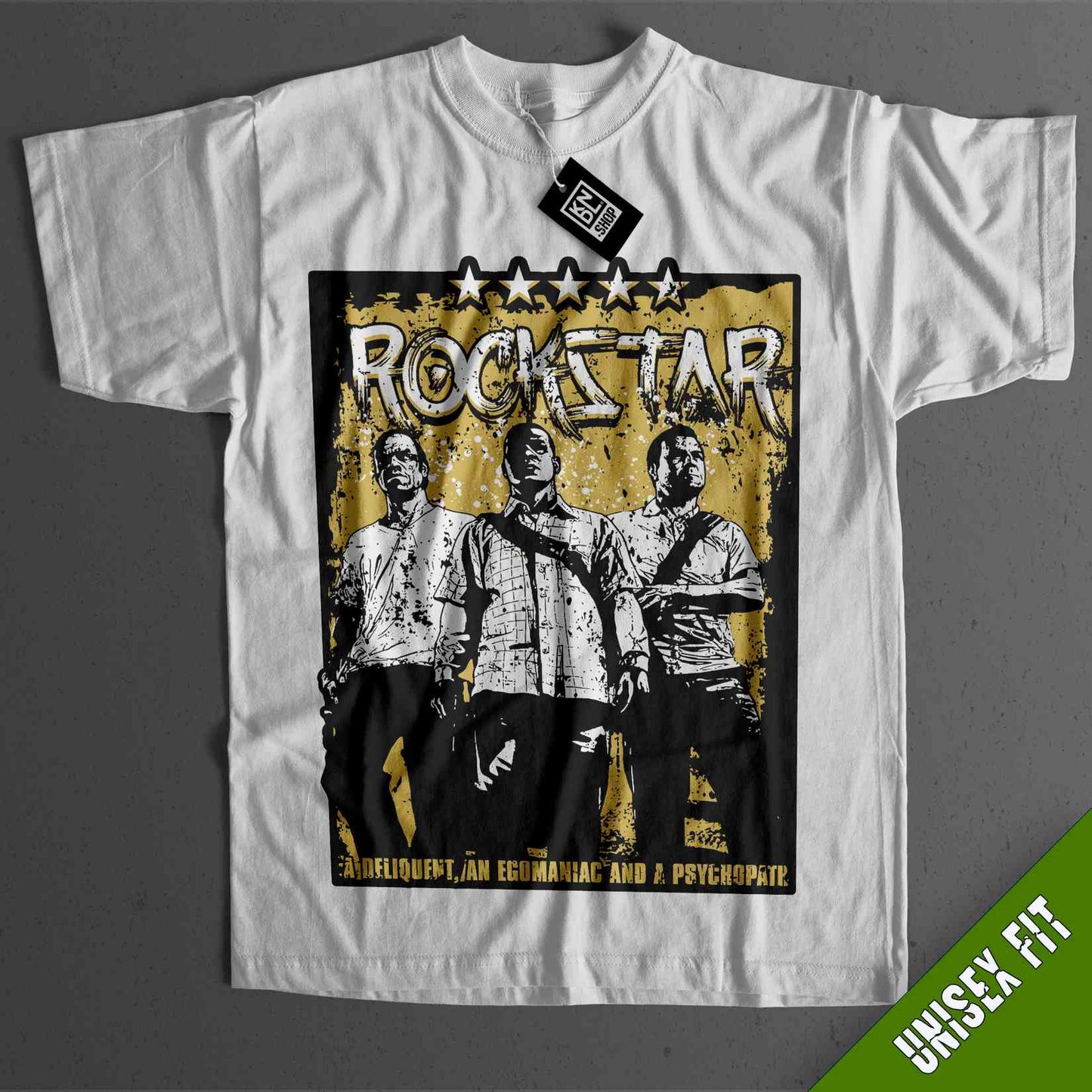 a white t - shirt with a picture of three men on it