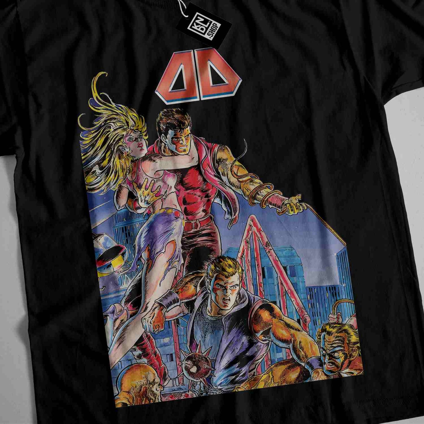 a black t - shirt with a picture of a group of people on it