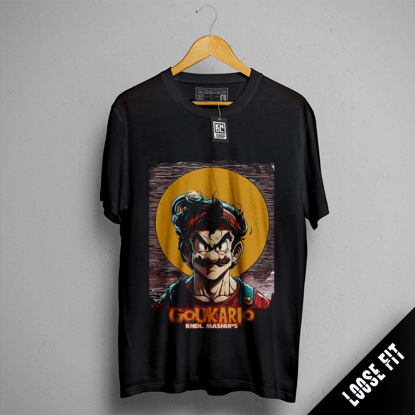 a black t - shirt with a picture of a man with a gun on it