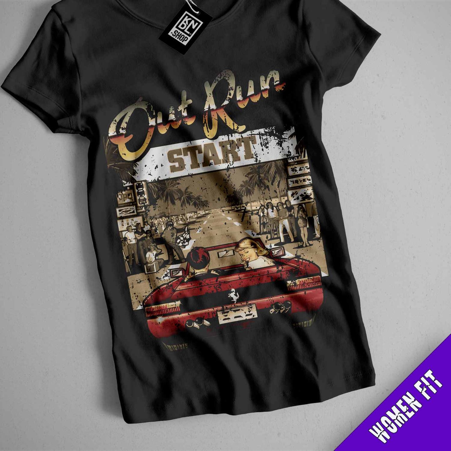 a black shirt with a red car on it