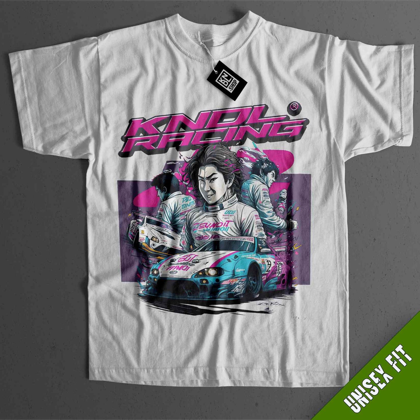 a white t - shirt with an image of a woman driving a car