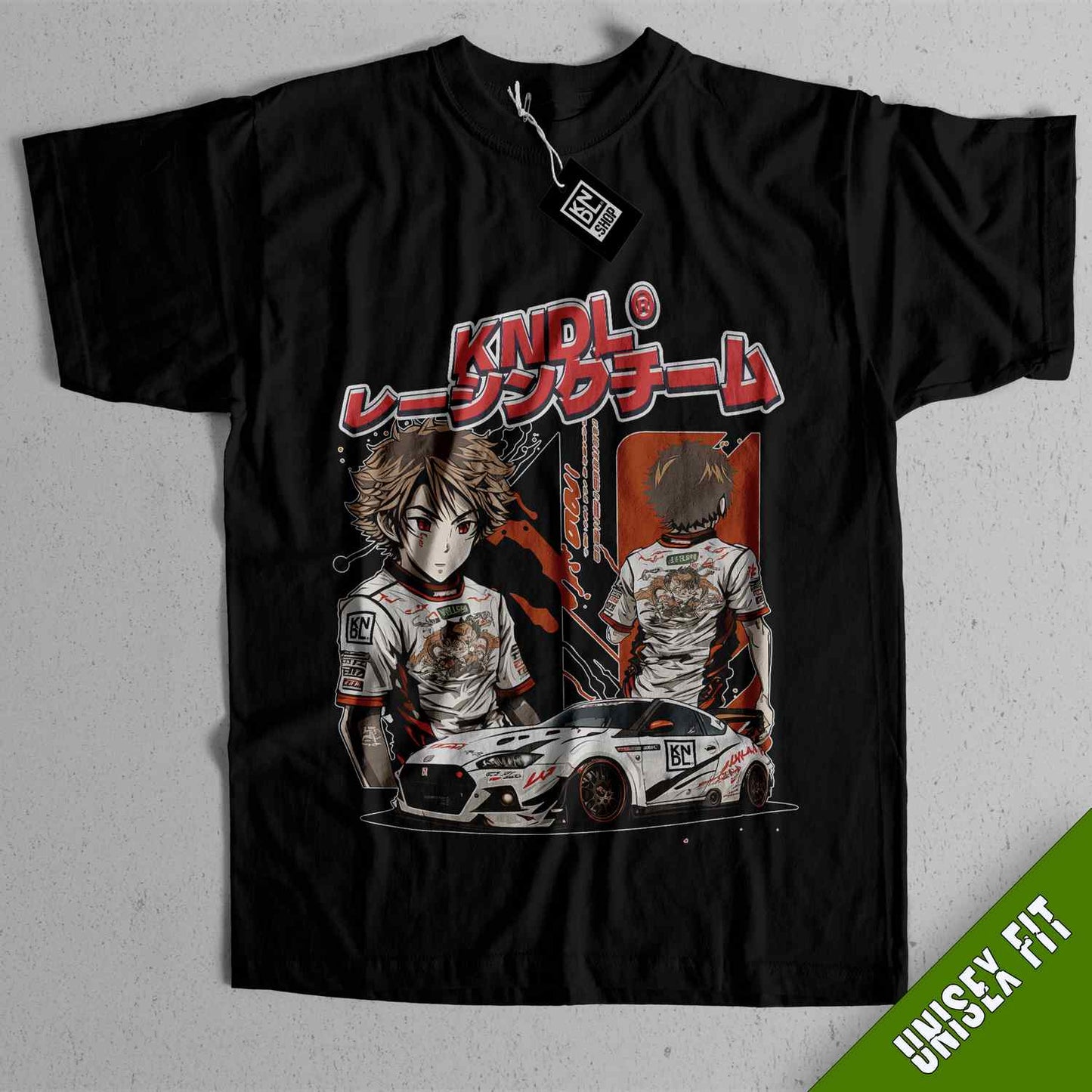a black t - shirt with a picture of two people in a car