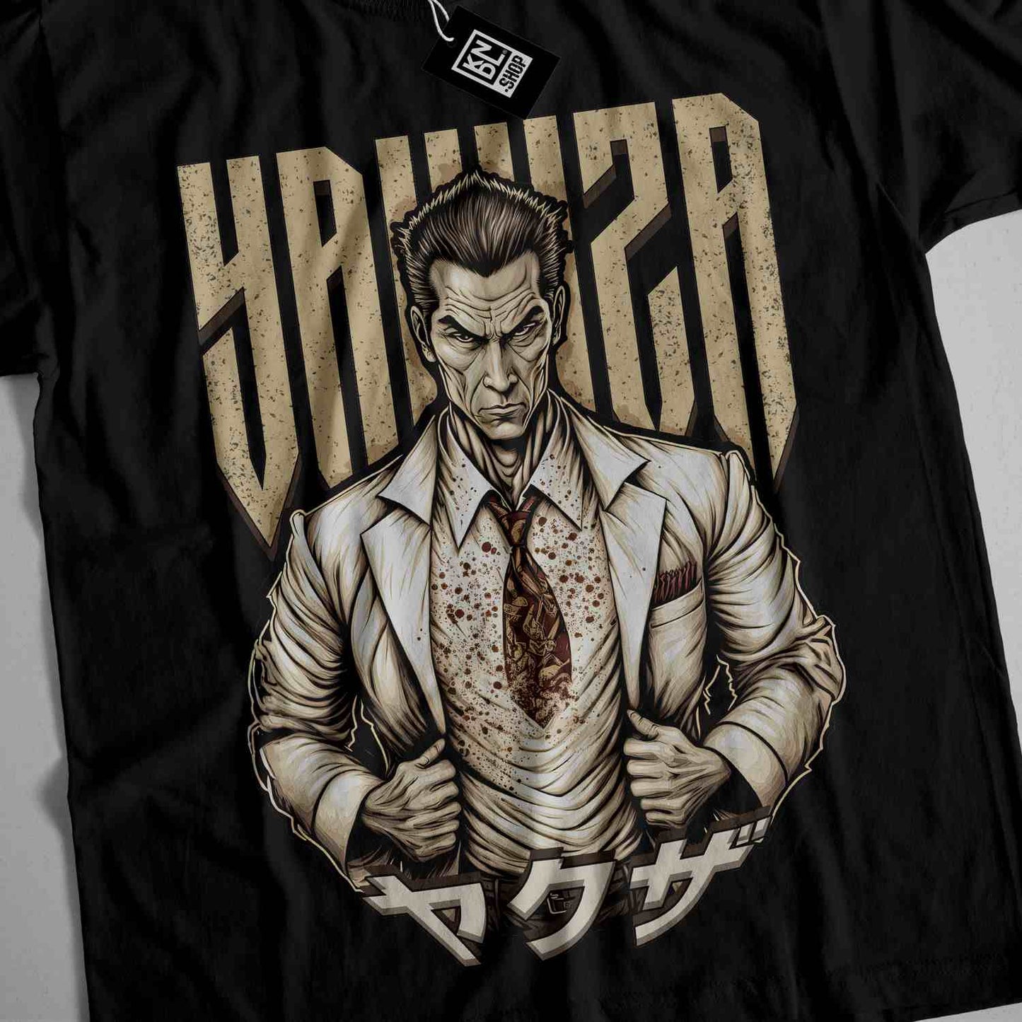 a black tshirt with a picture of a man in a suit and tie