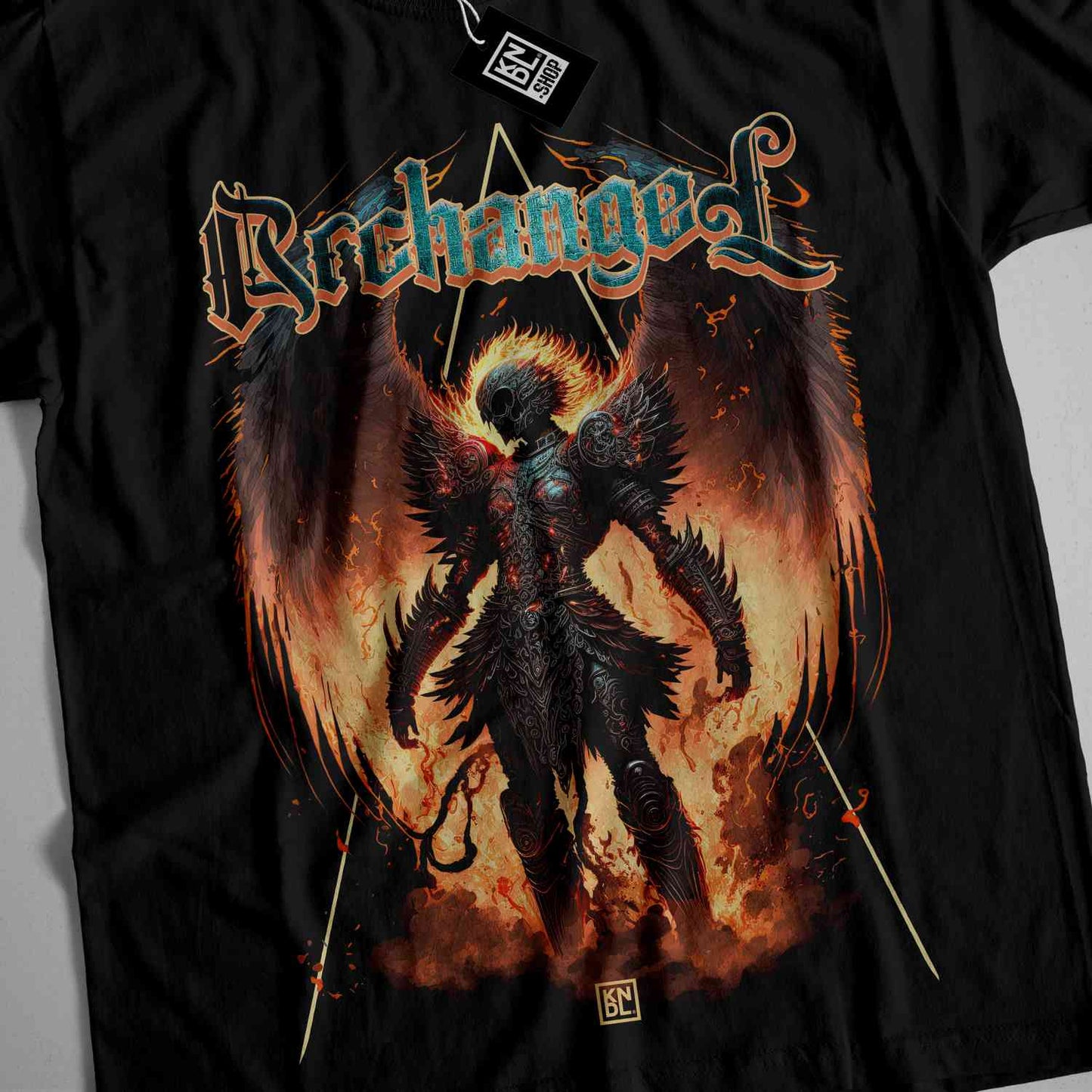a black shirt with an image of a demon on it