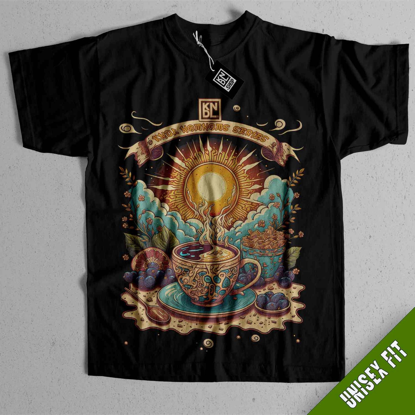 a black t - shirt with a picture of a cup of coffee on it