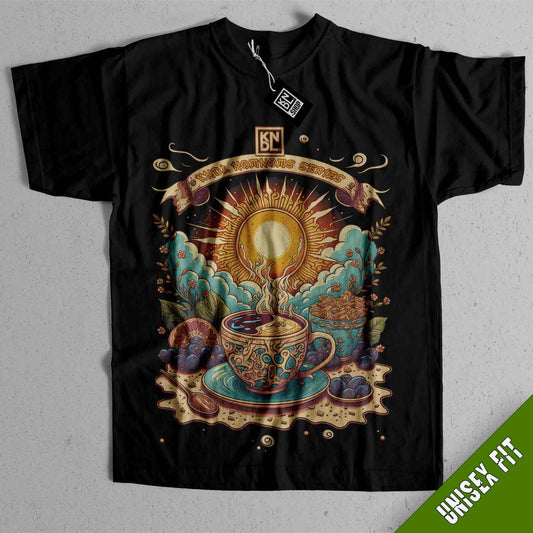 a black t - shirt with a picture of a cup of coffee on it