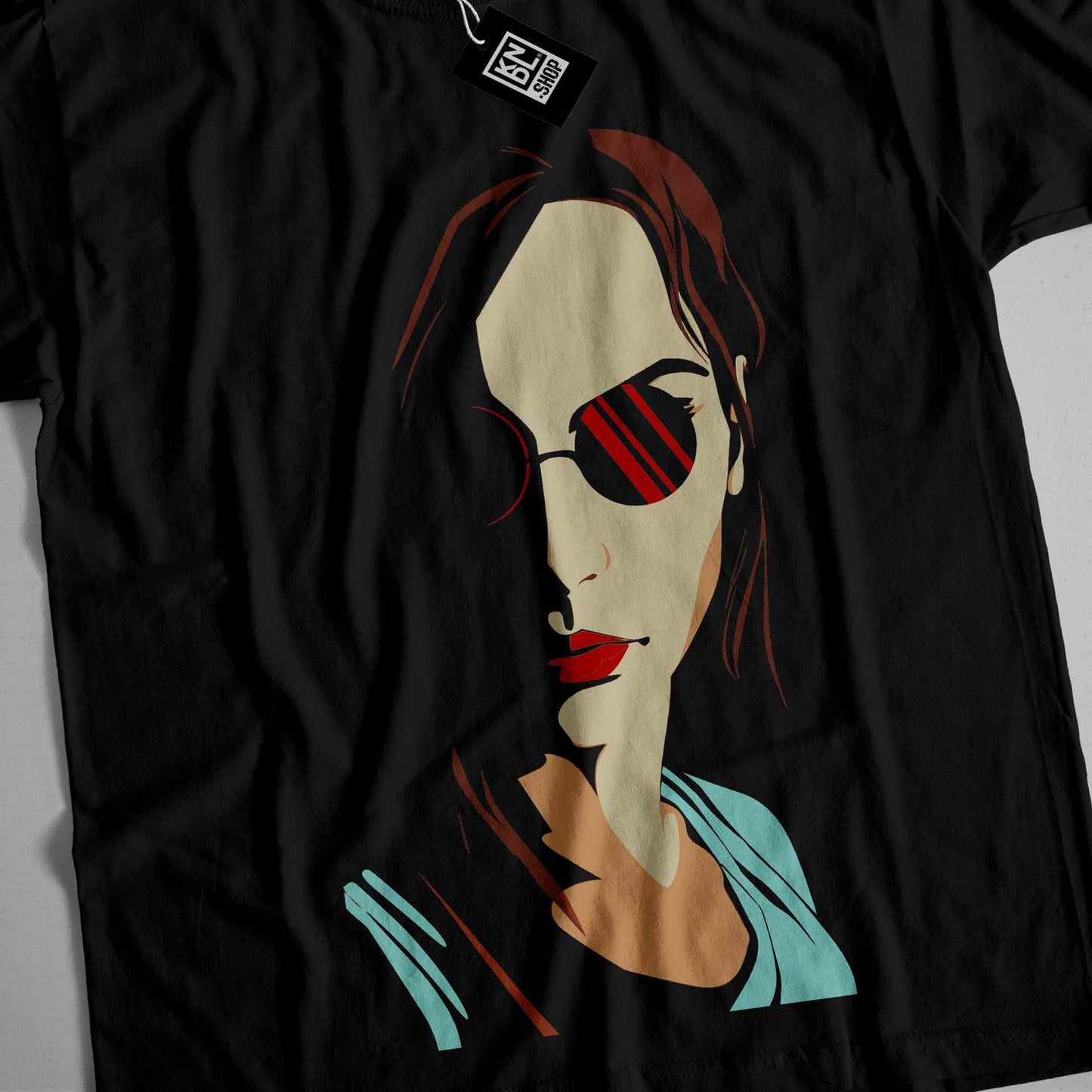 a t - shirt with a picture of a woman wearing sunglasses