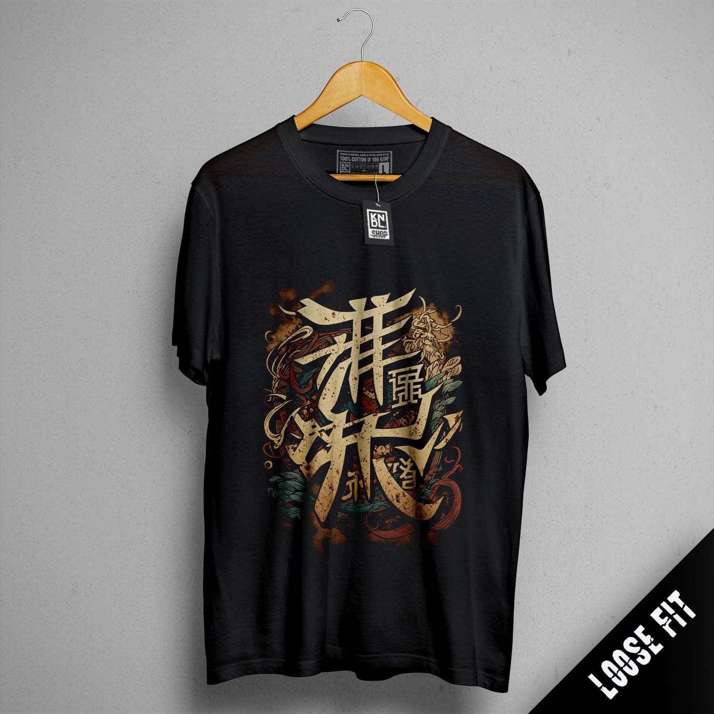 a black t - shirt with chinese characters on it