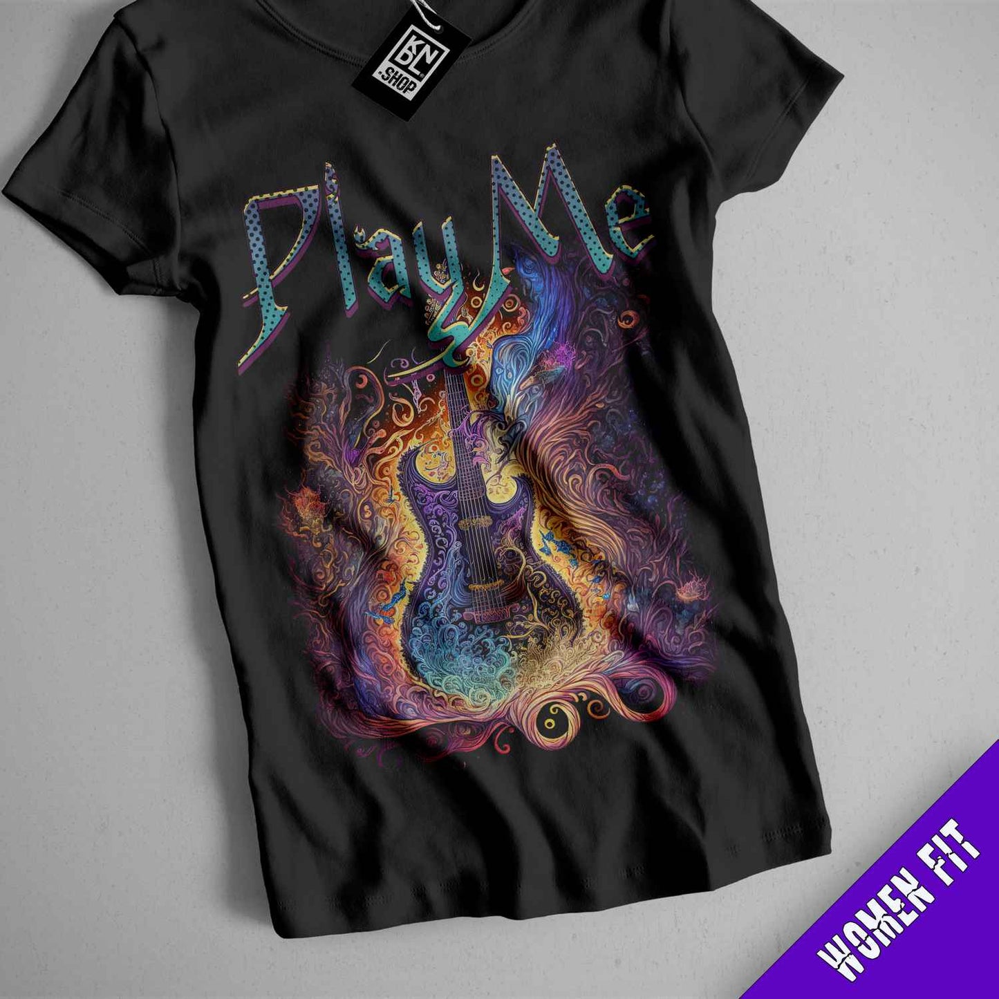 a black t - shirt with the words play me on it