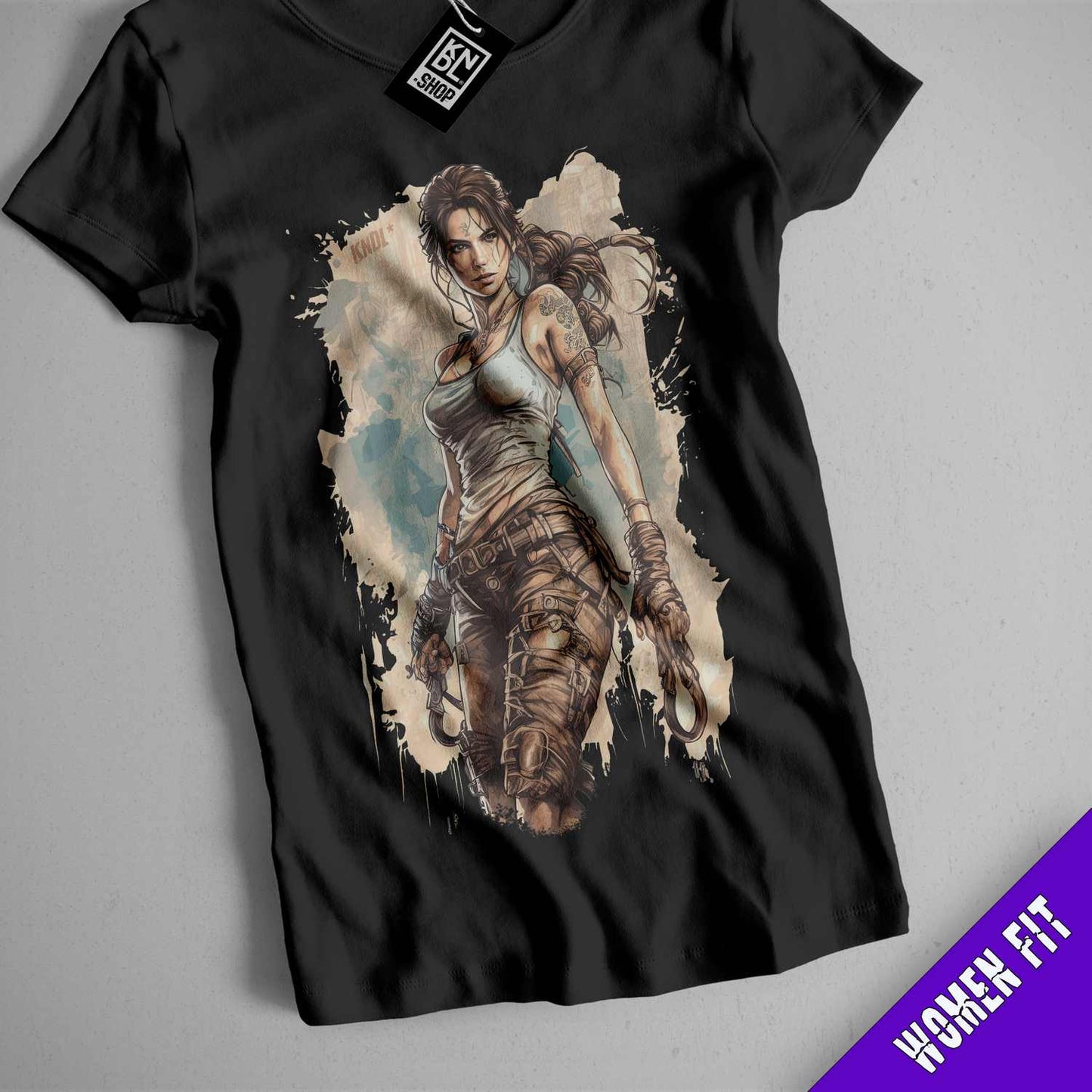 a black shirt with a picture of a woman holding a gun
