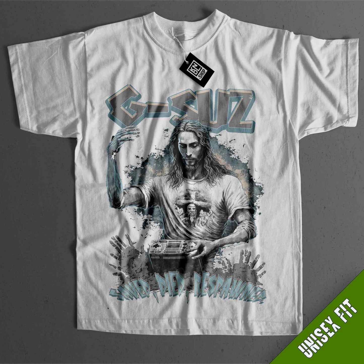 a white shirt with a picture of a man holding a knife