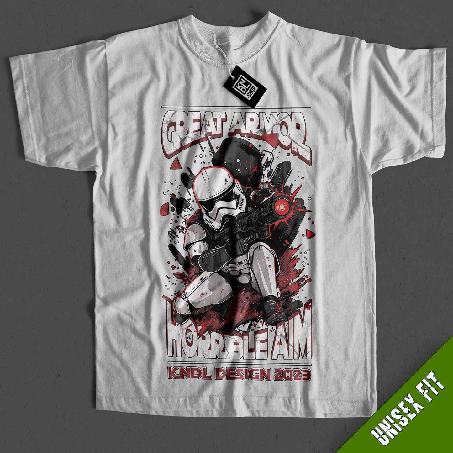 a star wars t - shirt with a storm trooper holding a gun