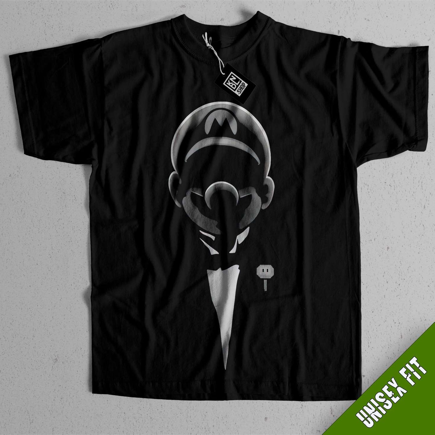 a black t - shirt with a picture of a man in a tuxedo