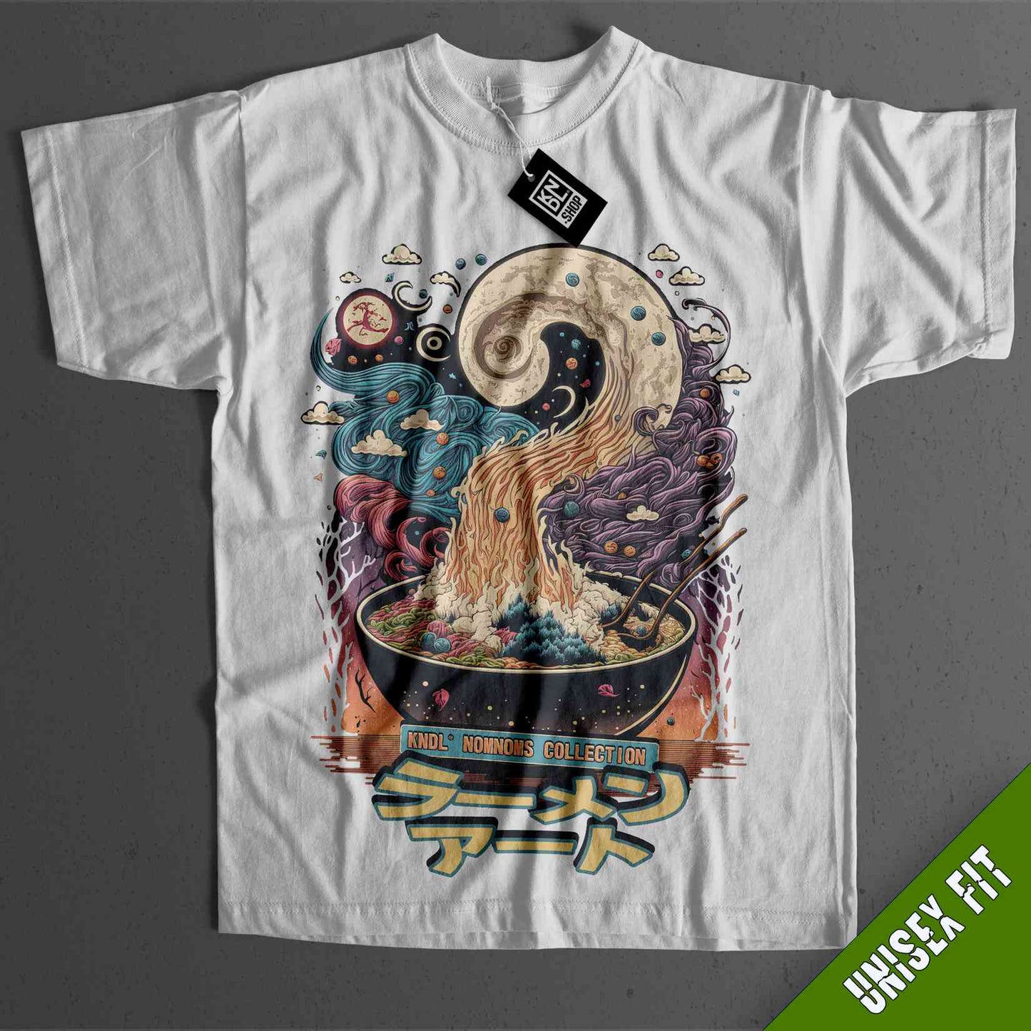 a white t - shirt with a picture of a bowl of food on it