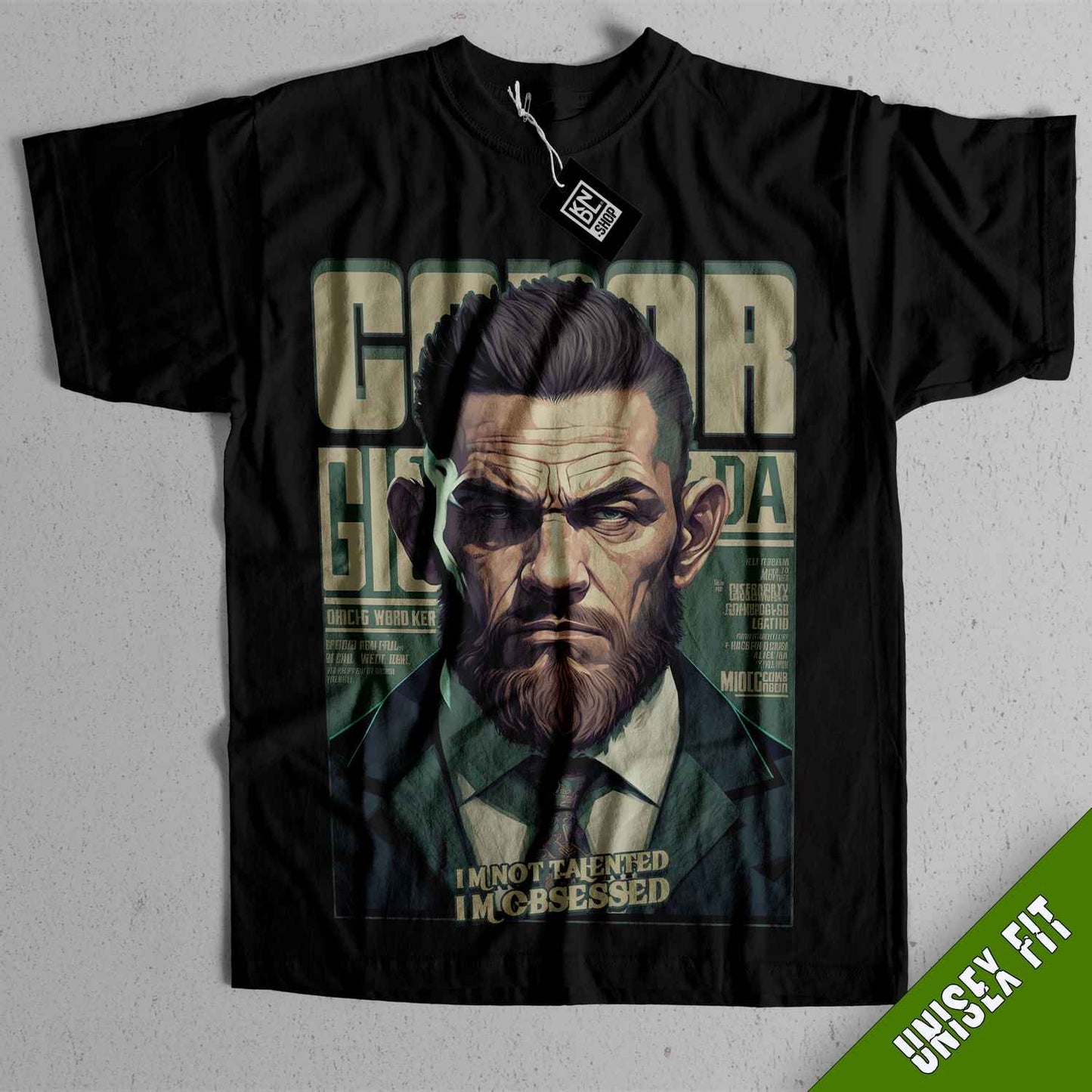 a black t - shirt with a picture of a man with a beard