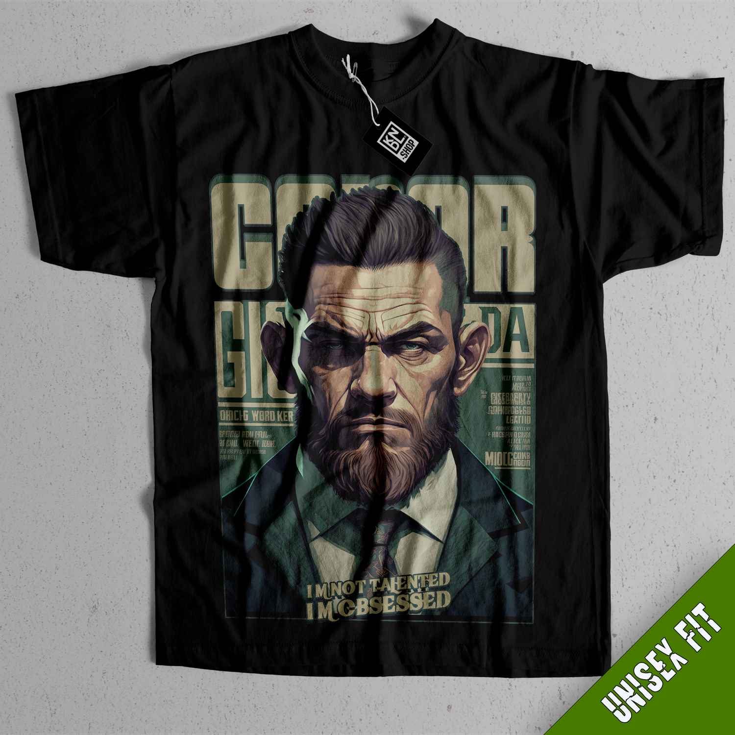 a black t - shirt with a picture of a man with a beard