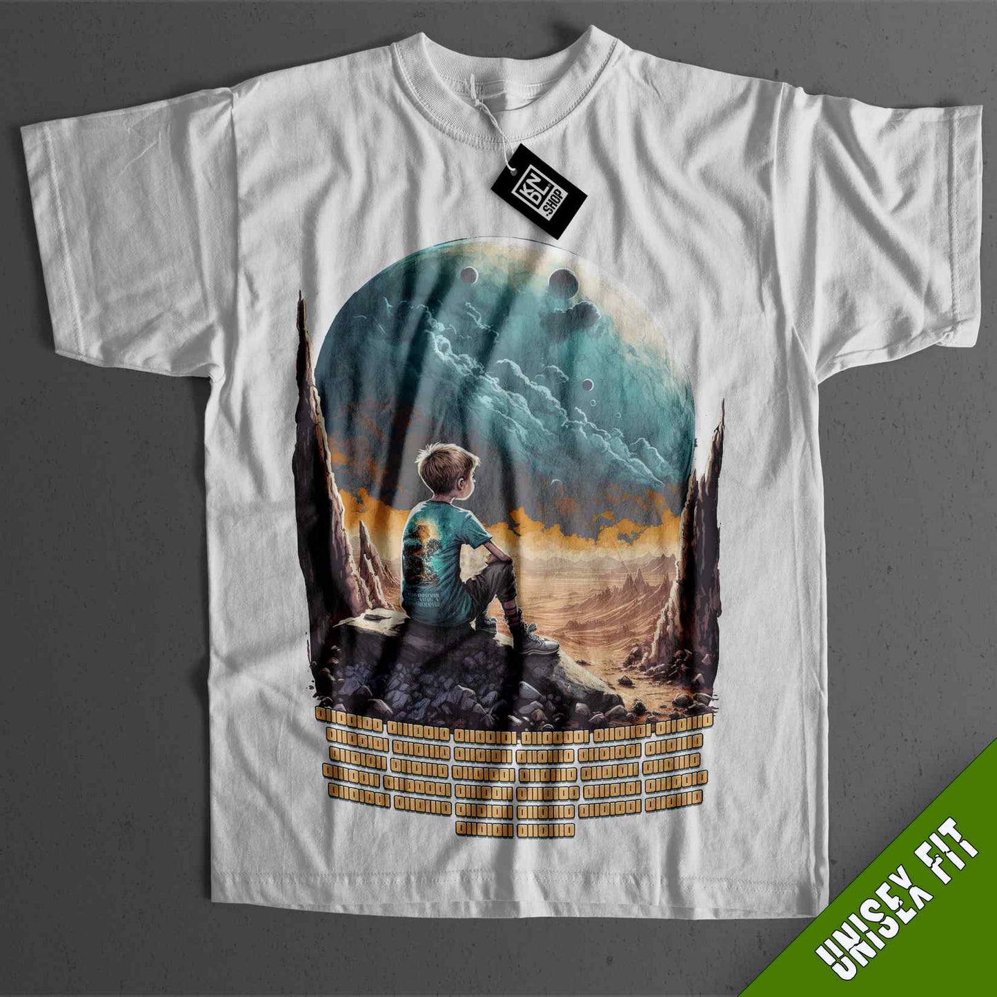 a t - shirt with a picture of a person sitting on a rock