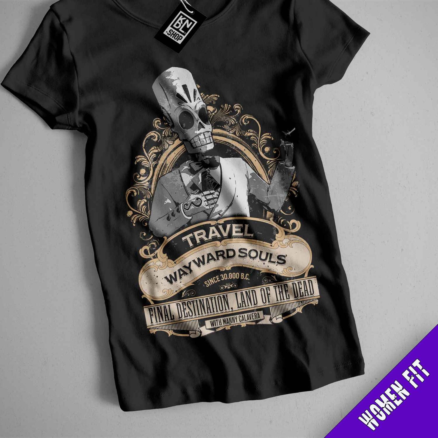 a black t - shirt with a picture of a skeleton on it