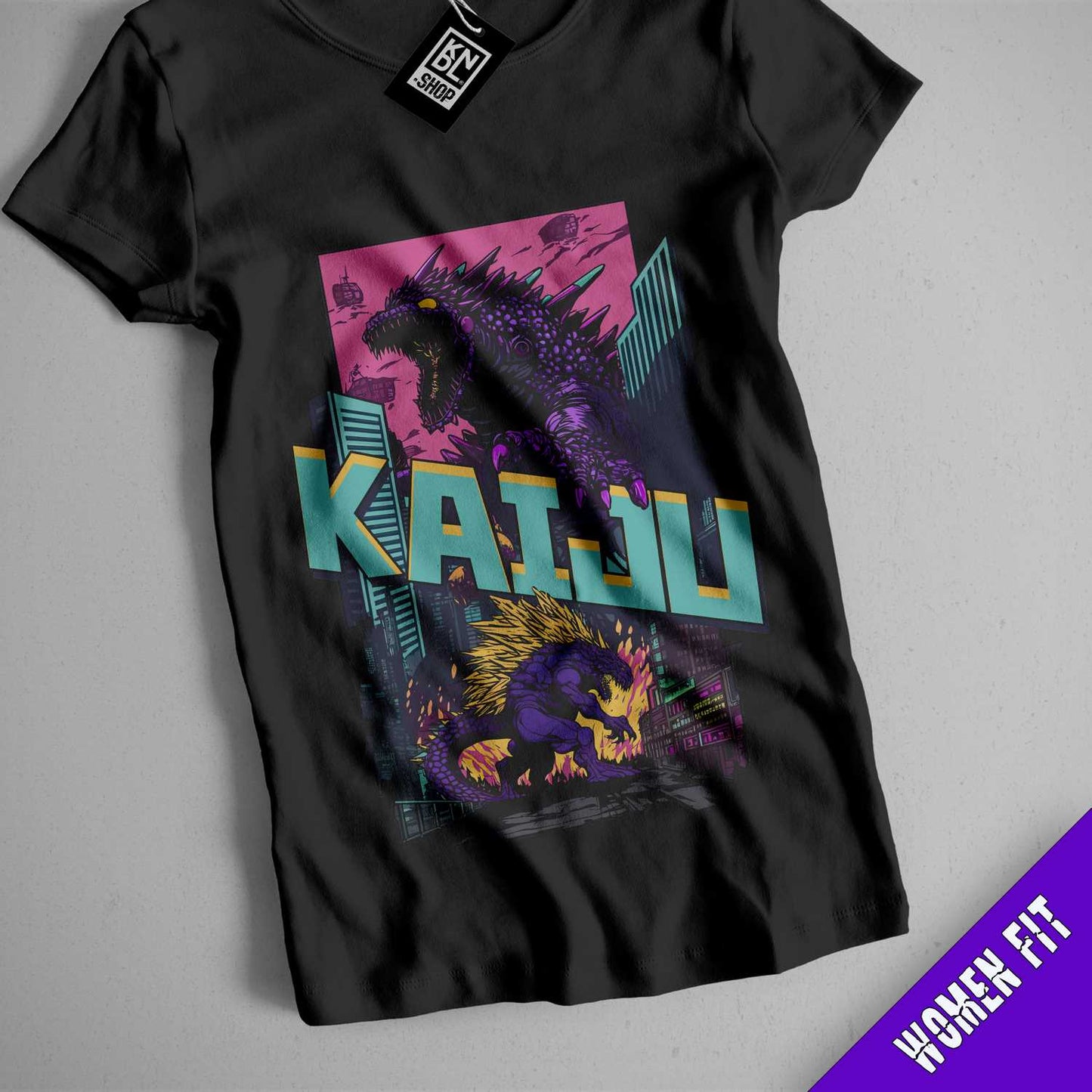 a black t - shirt with a godzilla on it