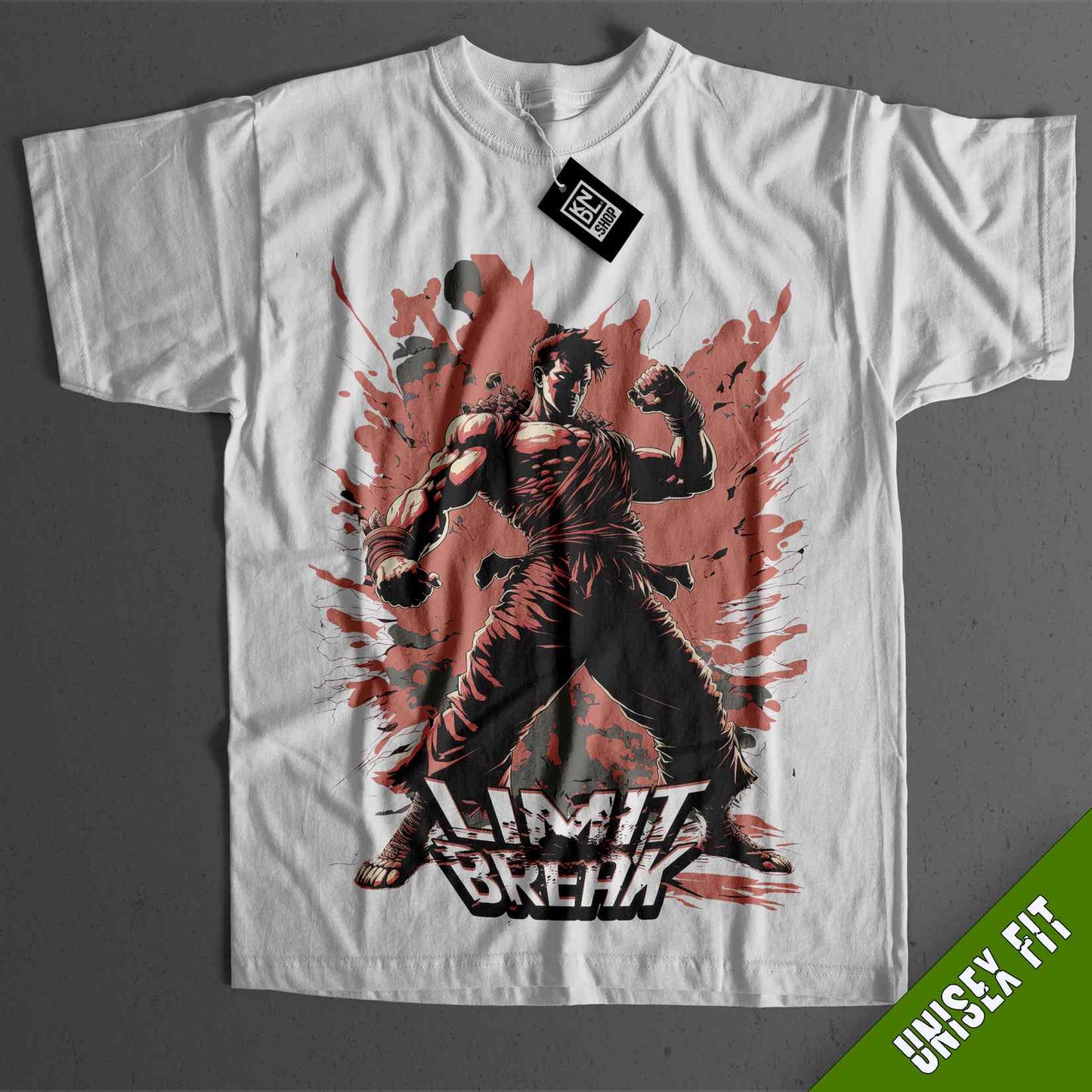 a white t - shirt with an image of a man holding a sword
