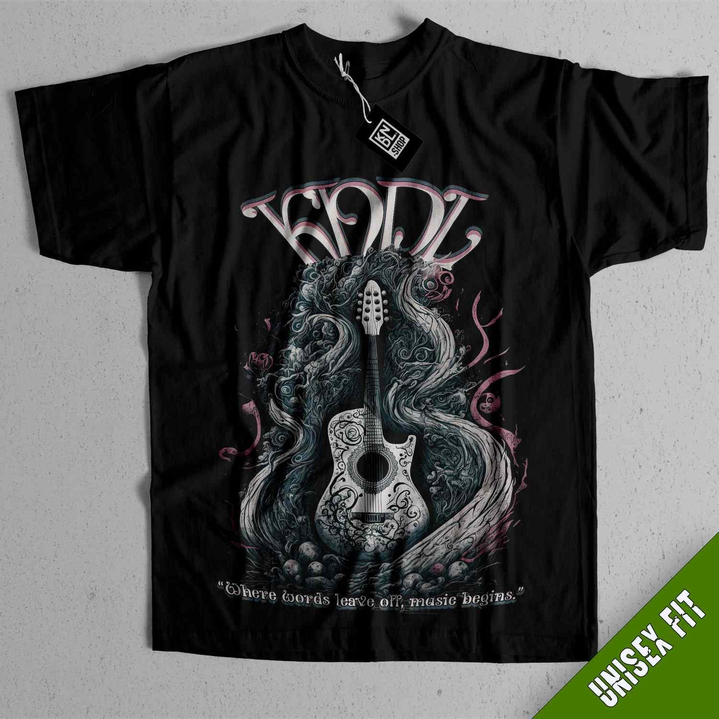 a black t - shirt with a guitar on it
