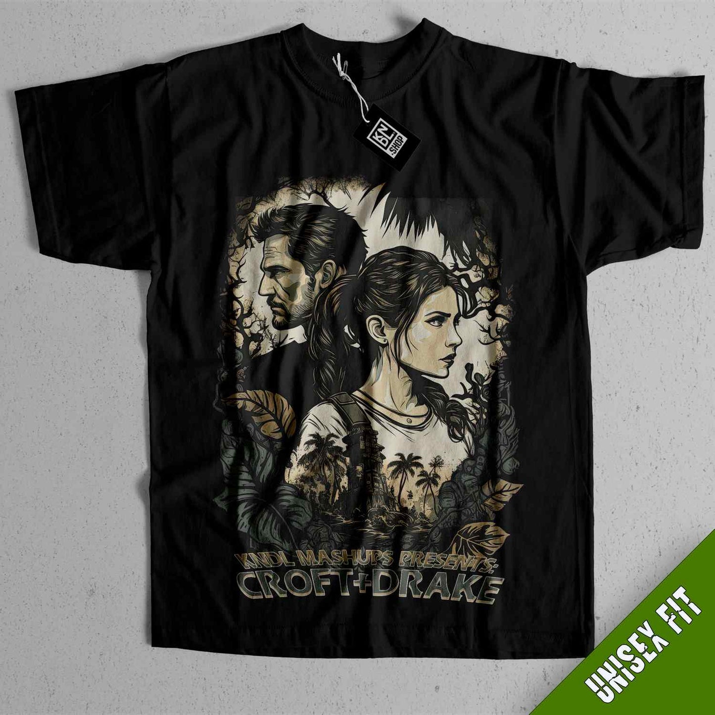 a black shirt with a picture of a woman and a man