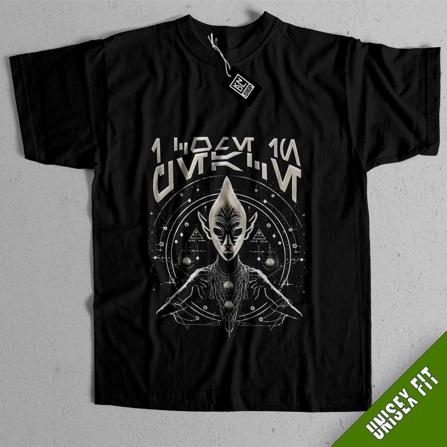 a black shirt with a picture of an alien on it