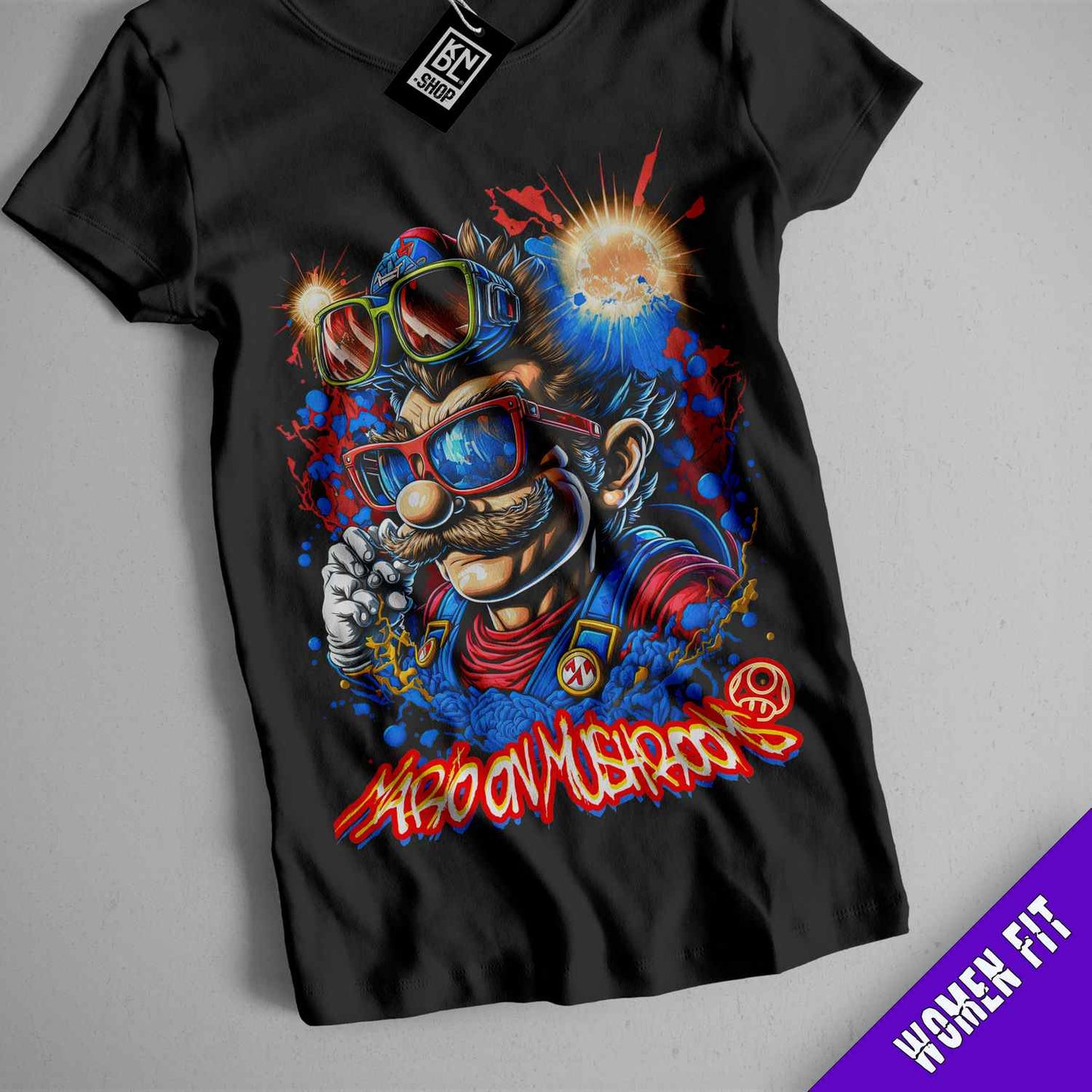 a black shirt with a cartoon character on it