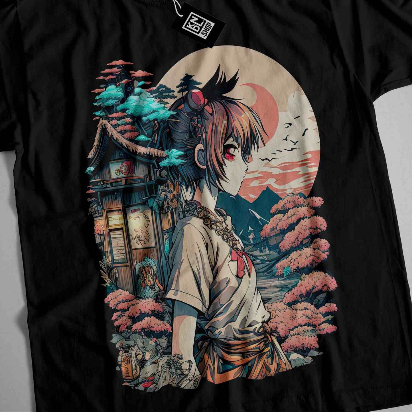 a t - shirt with an image of a woman standing in front of a house