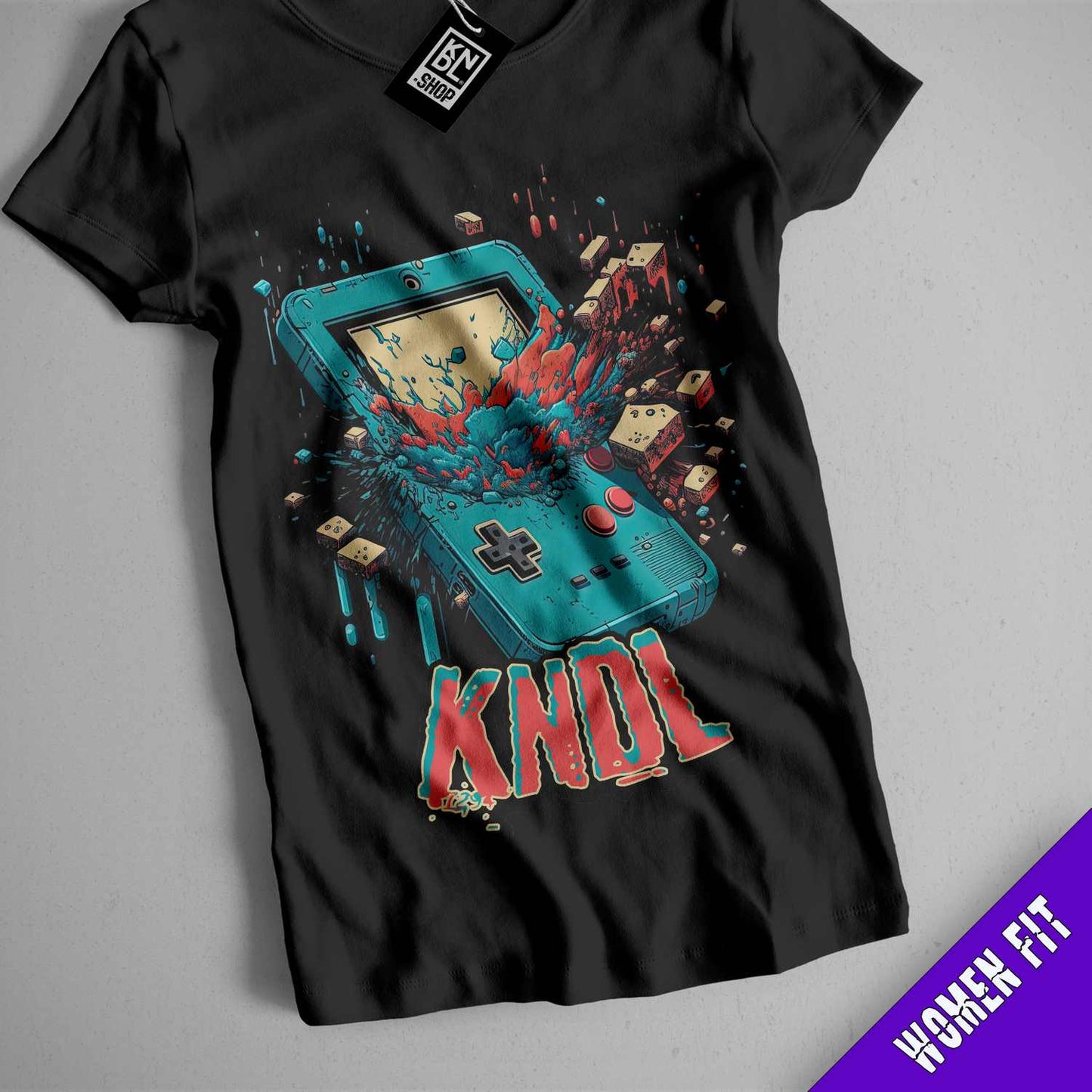 a black t - shirt with an image of a video game console