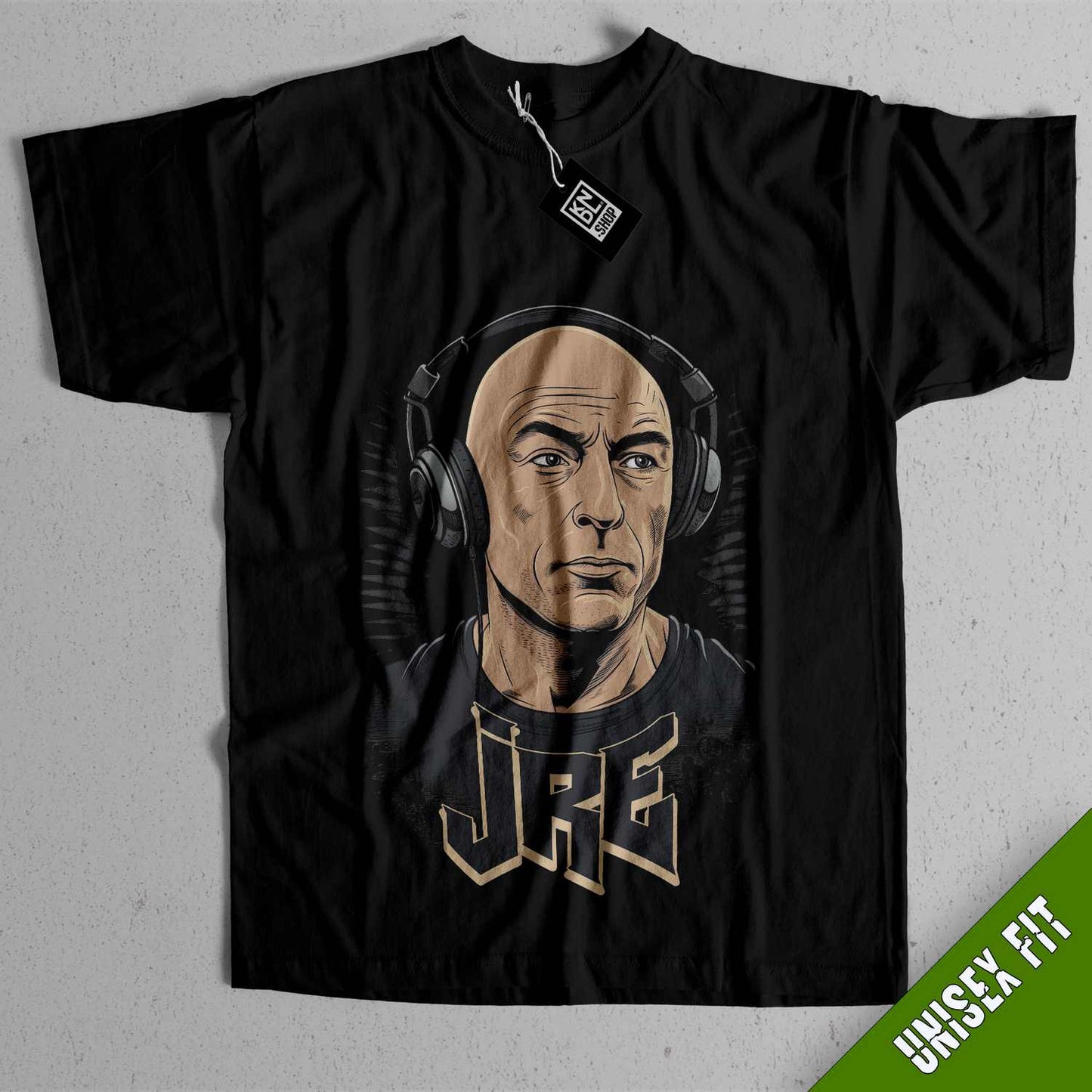 a black shirt with a picture of a man wearing headphones