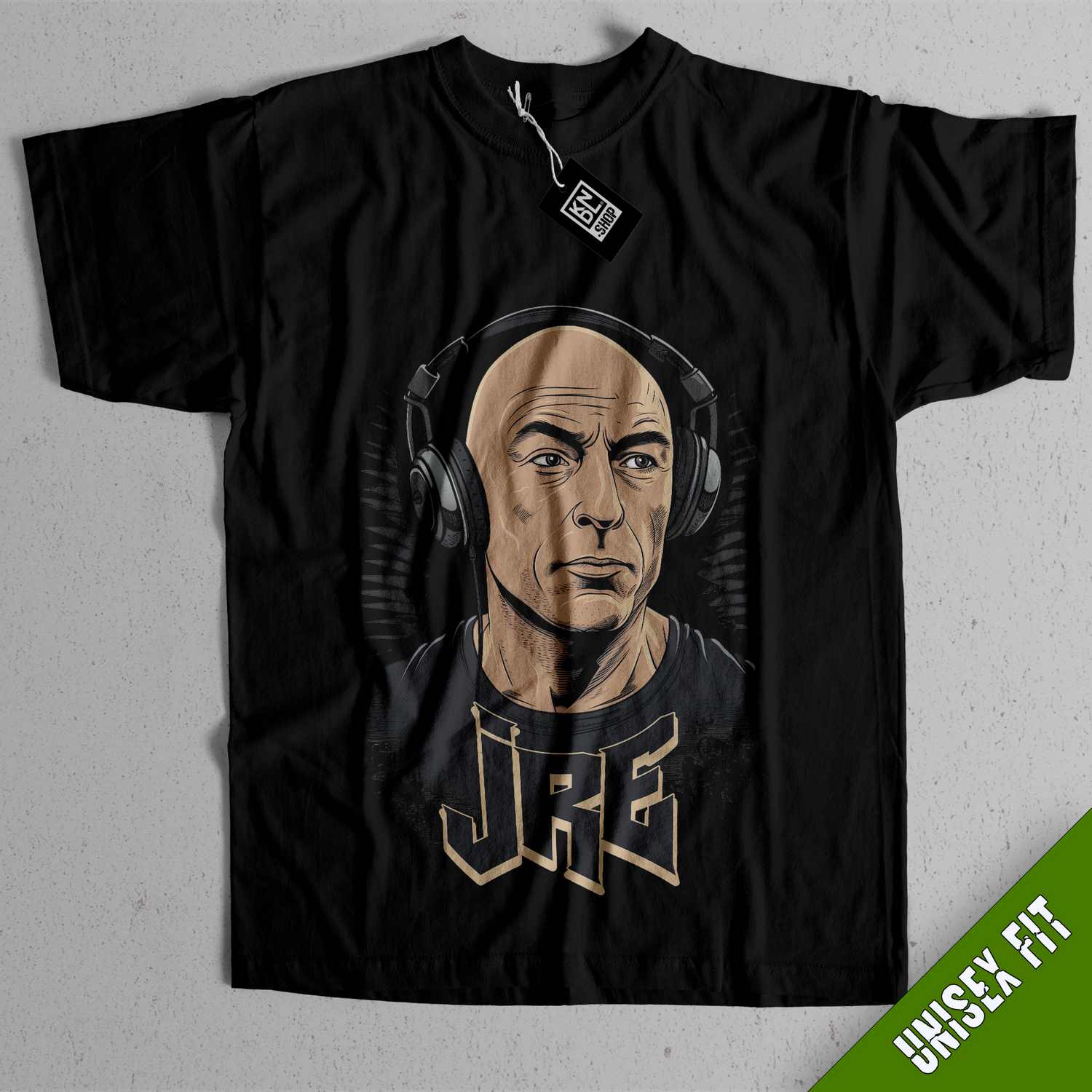 a black shirt with a picture of a man wearing headphones