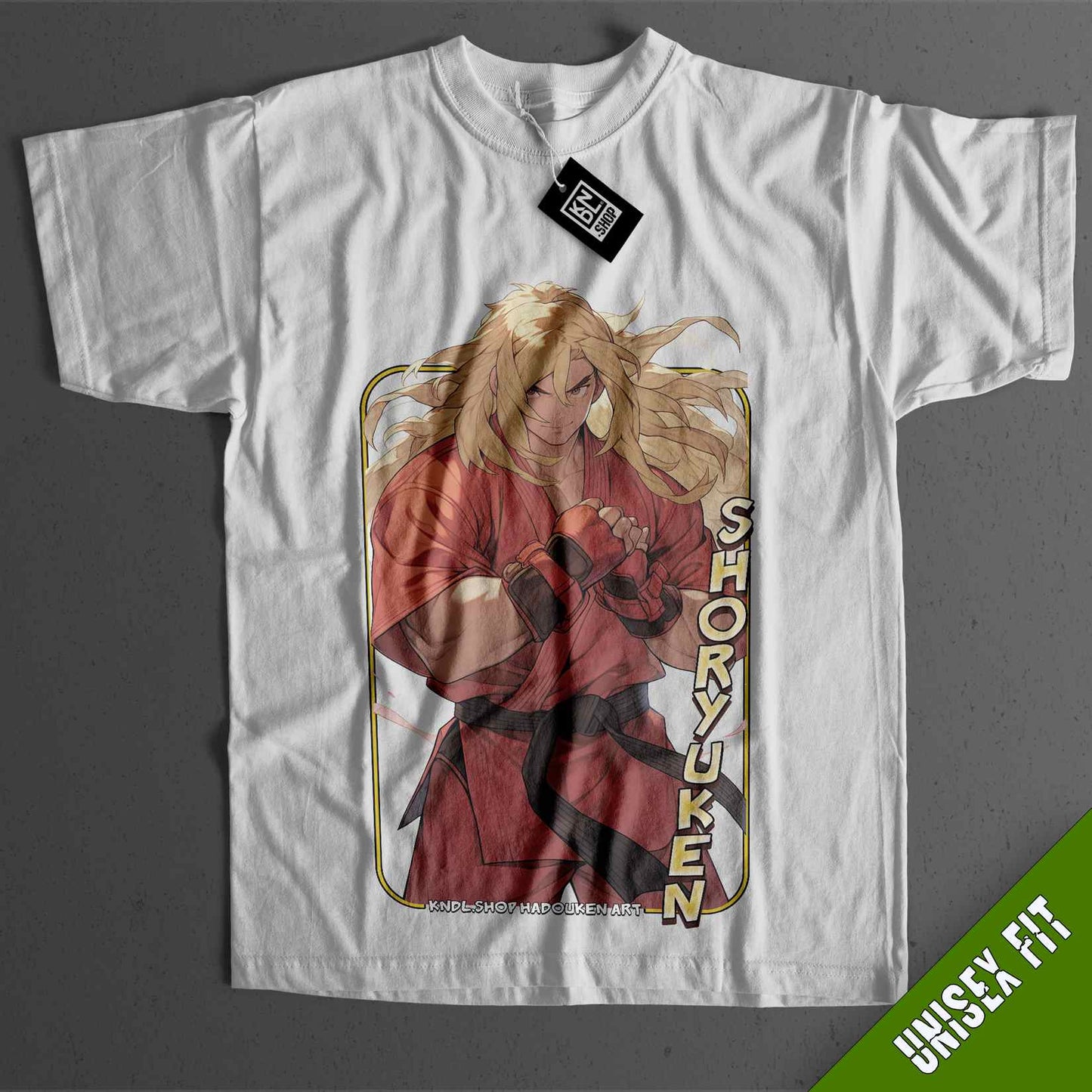 a white t - shirt with a picture of a woman holding a gun