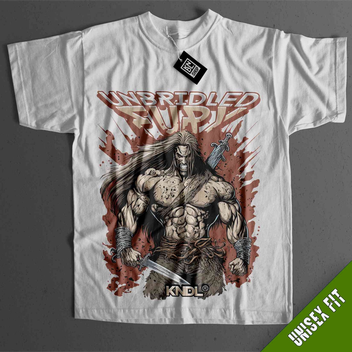a white shirt with an image of a man holding a sword