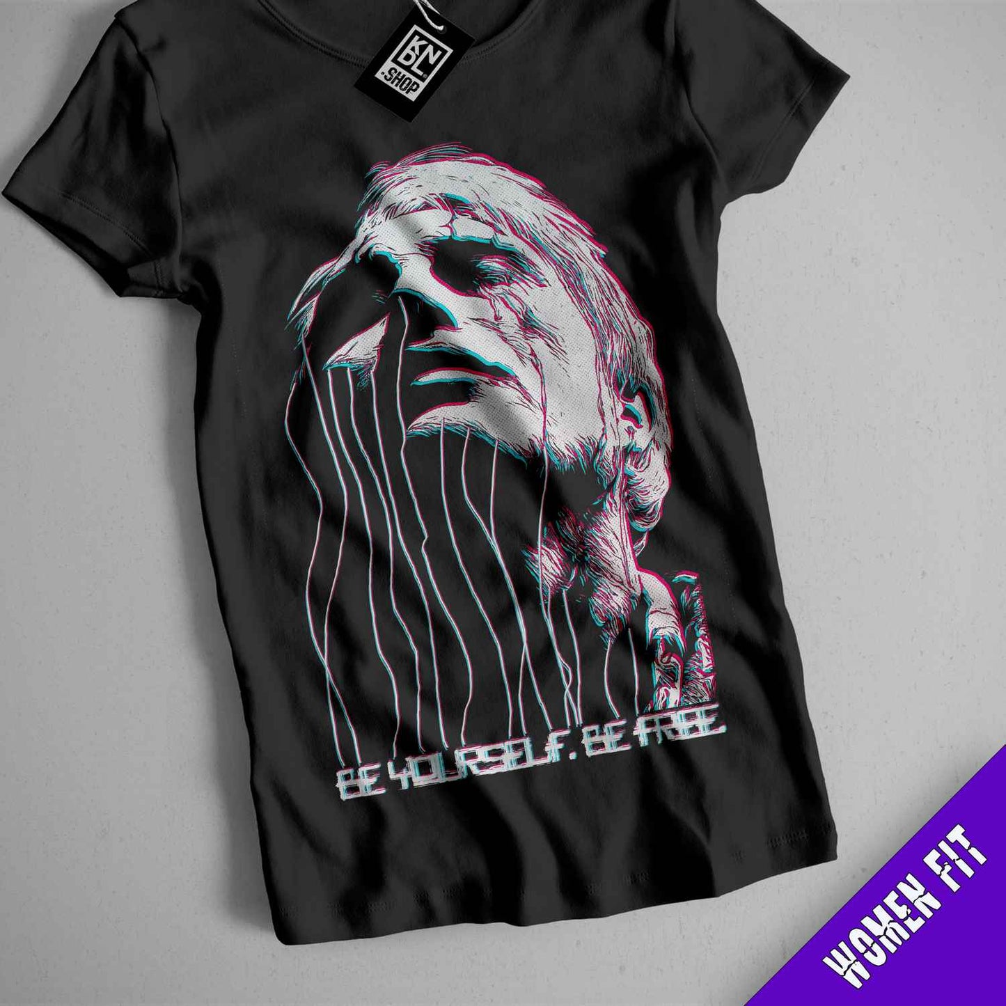 a black t - shirt with a picture of a woman's face